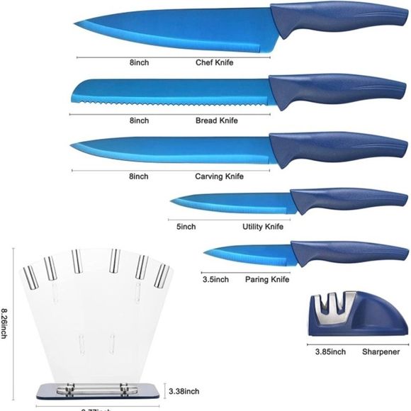 Blue 7 piece Kitchen Knife Sets, Knife Block Stainless Steel with Knives - Picture 5 of 7